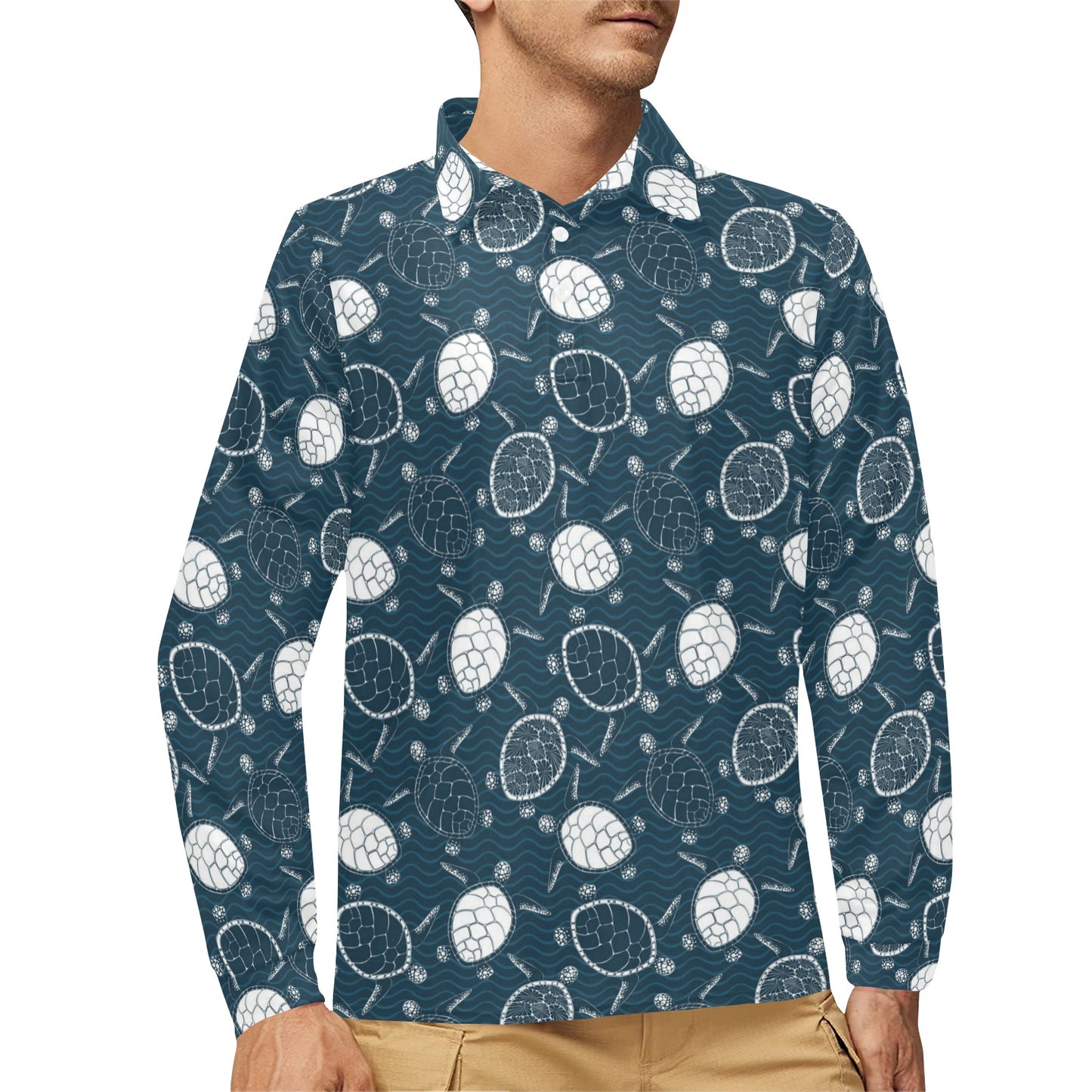 Sea Turtle Print Design LKS3015 Long Sleeve Polo Shirt For Men's