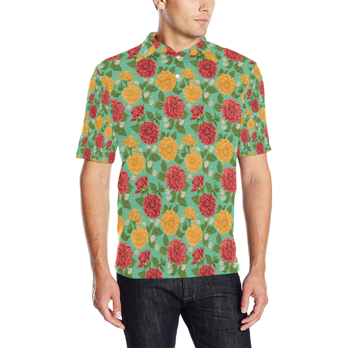Dahlia Pattern Print Design DH011 Men Polo Shirt