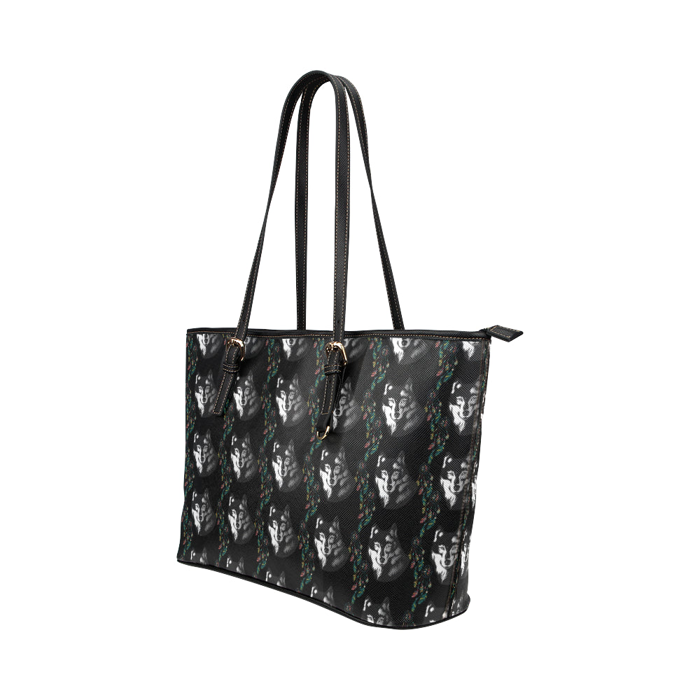 Wolf Black Dream Catcher Design Print Leather Tote Bag