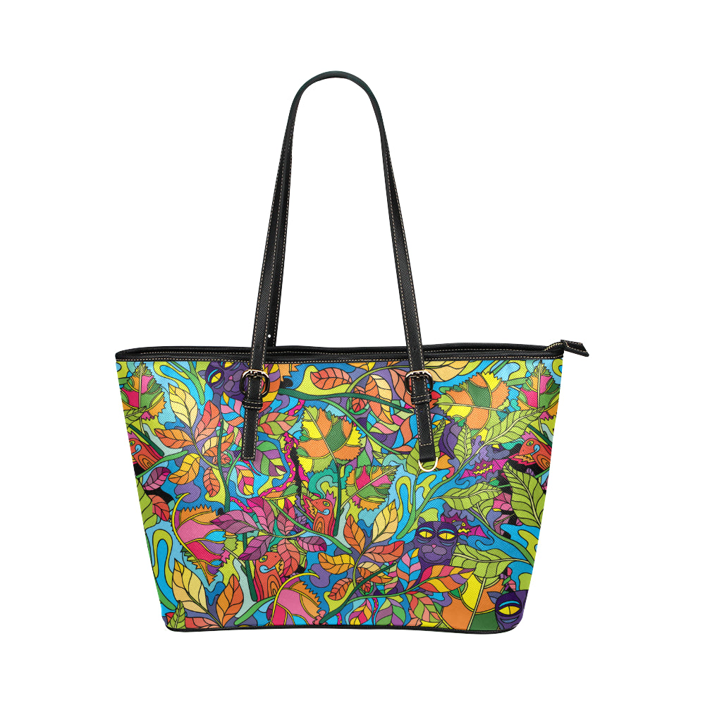 Psychedelic Trippy Flower Print Leather Tote Bag