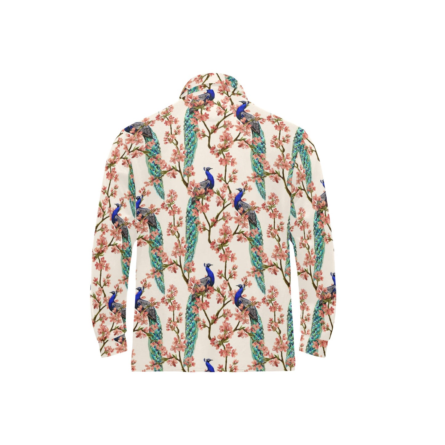 Cherry Blossom Peacock Long Sleeve Polo Shirt For Men's