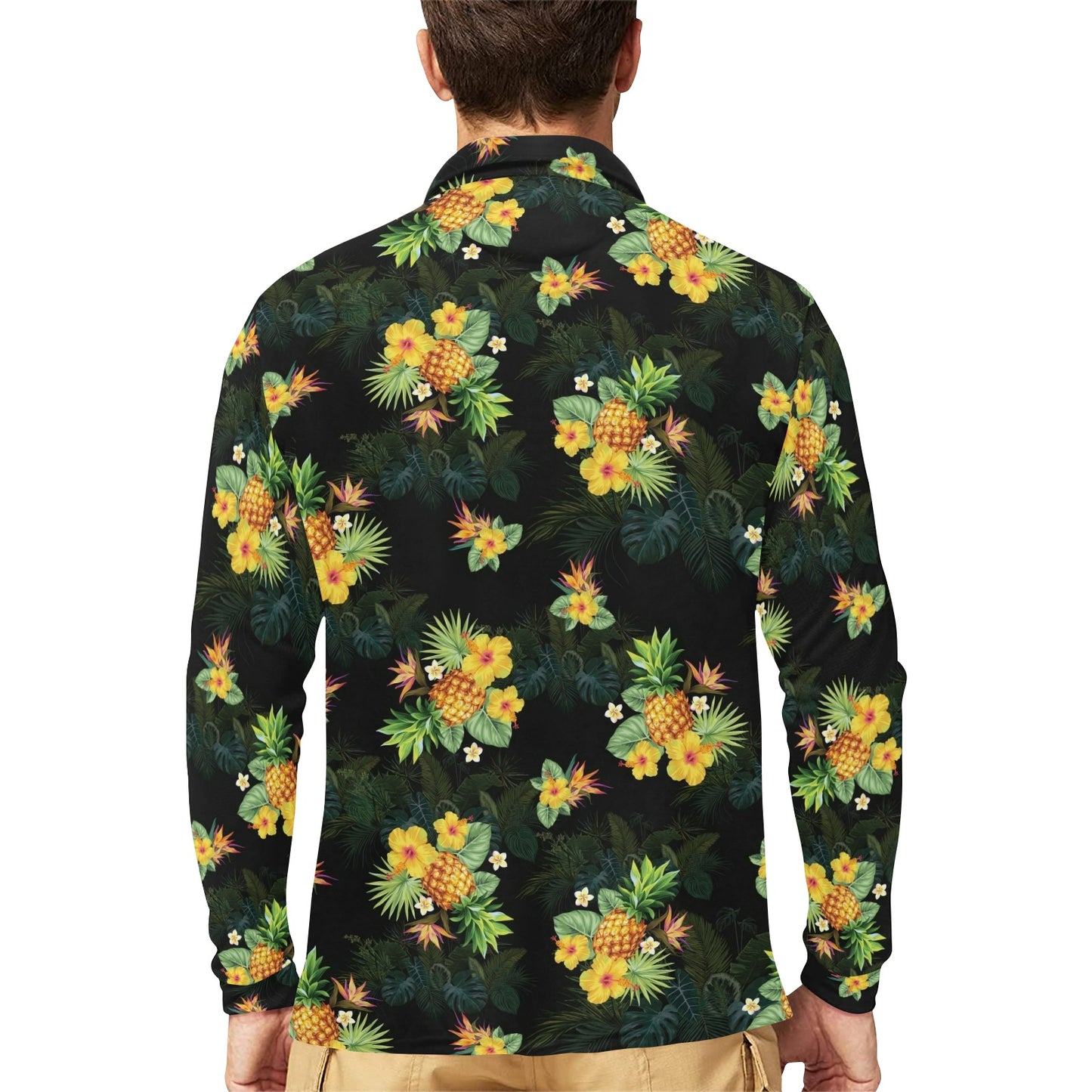 Pineapple Tropical Flower Print Pattern Long Sleeve Polo Shirt For Men's