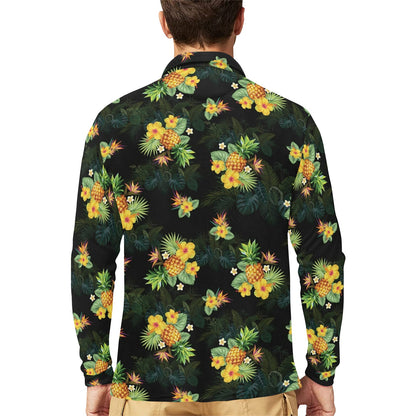 Pineapple Tropical Flower Print Pattern Long Sleeve Polo Shirt For Men's