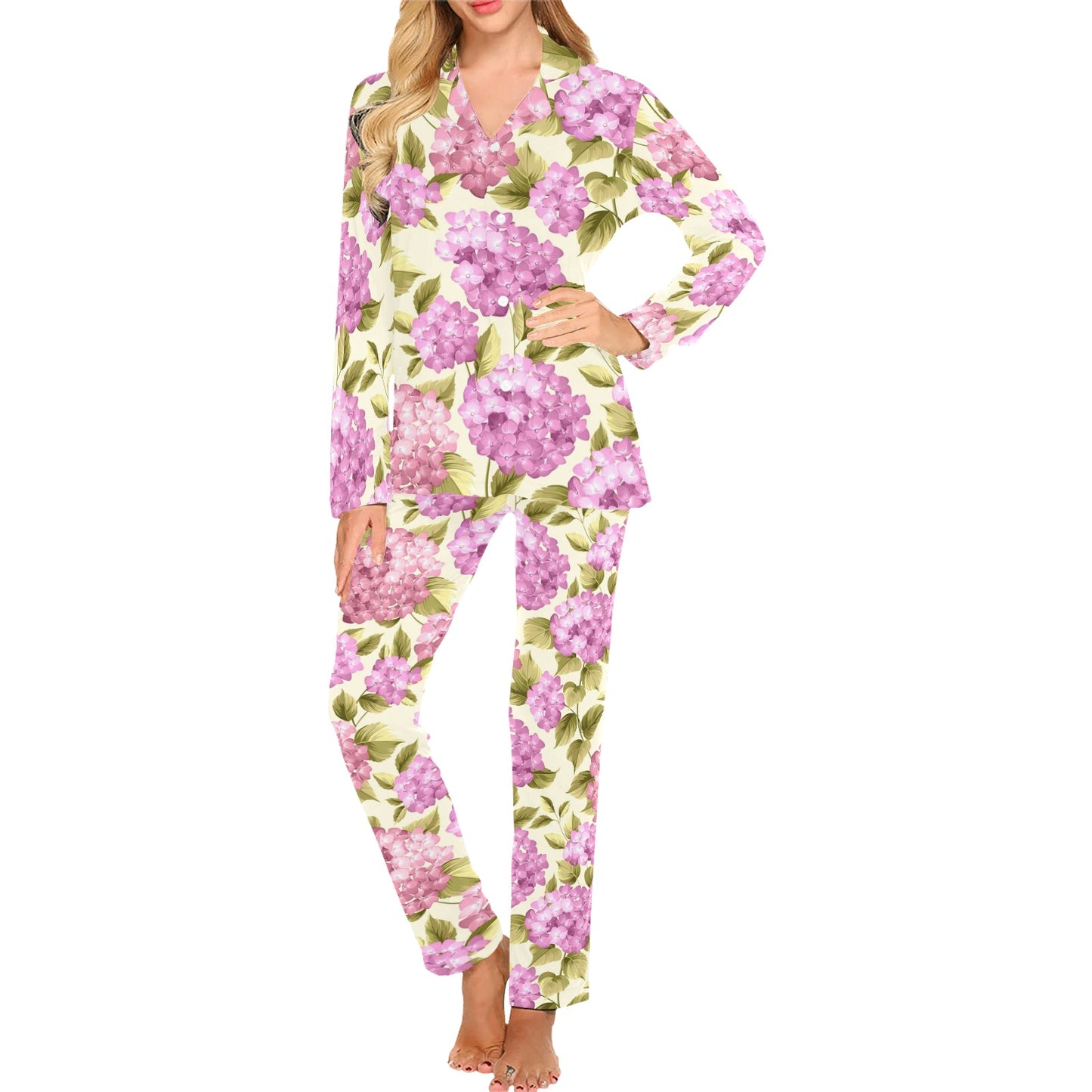 Hydrangea Pattern Print Design HD05 Women's Long Pajama Set