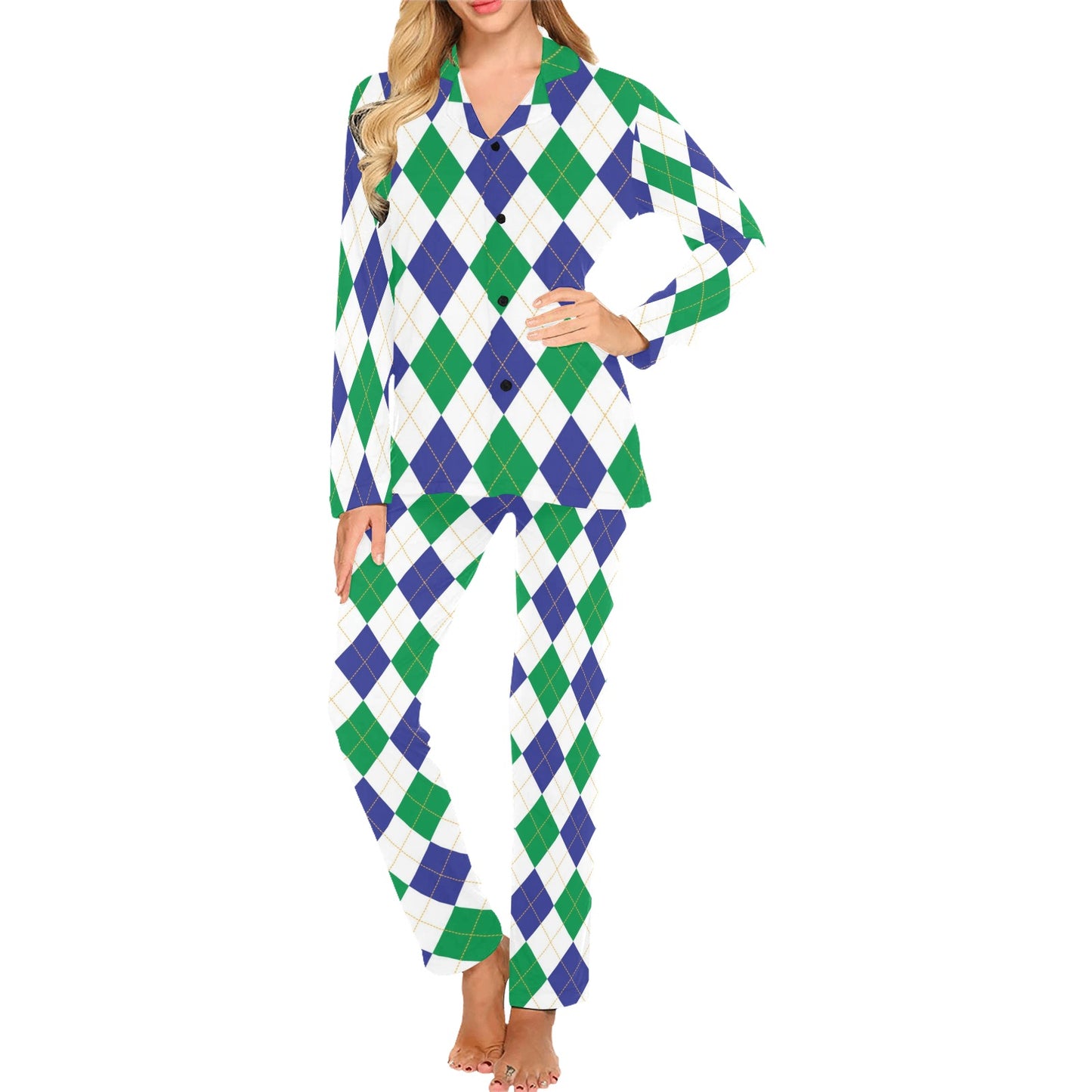 Argyle Green Blue Pattern Print Design 03 Women's Long Pajama Set