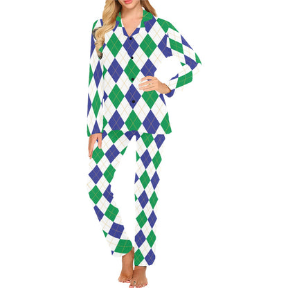 Argyle Green Blue Pattern Print Design 03 Women's Long Pajama Set