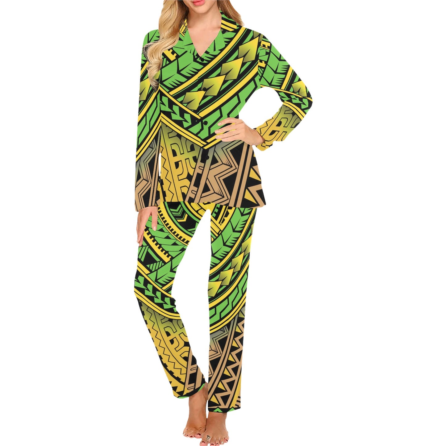 Polynesian Tribal Color Women's Long Pajama Set