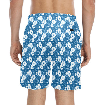 Hibiscus Blue Flower Hawaiian Print Men's Swim Trunks Beach Shorts