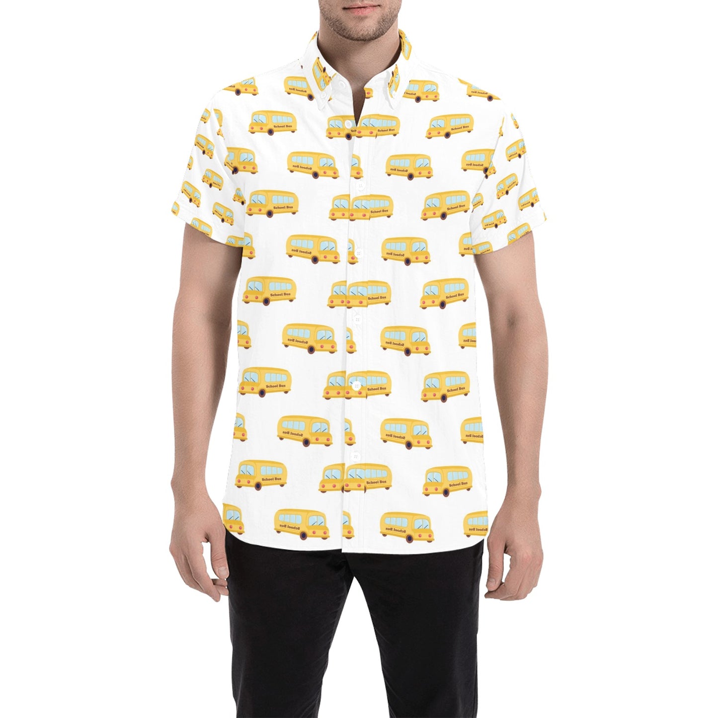 School Bus Print Design LKS306 Men Short Sleeve Button Up Shirt