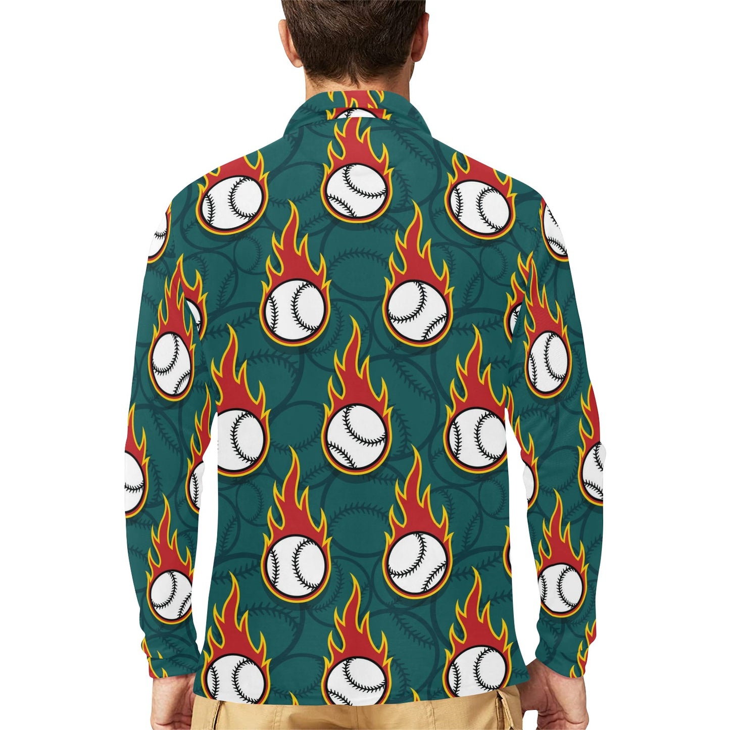 Baseball Fire Print Pattern Long Sleeve Polo Shirt For Men's