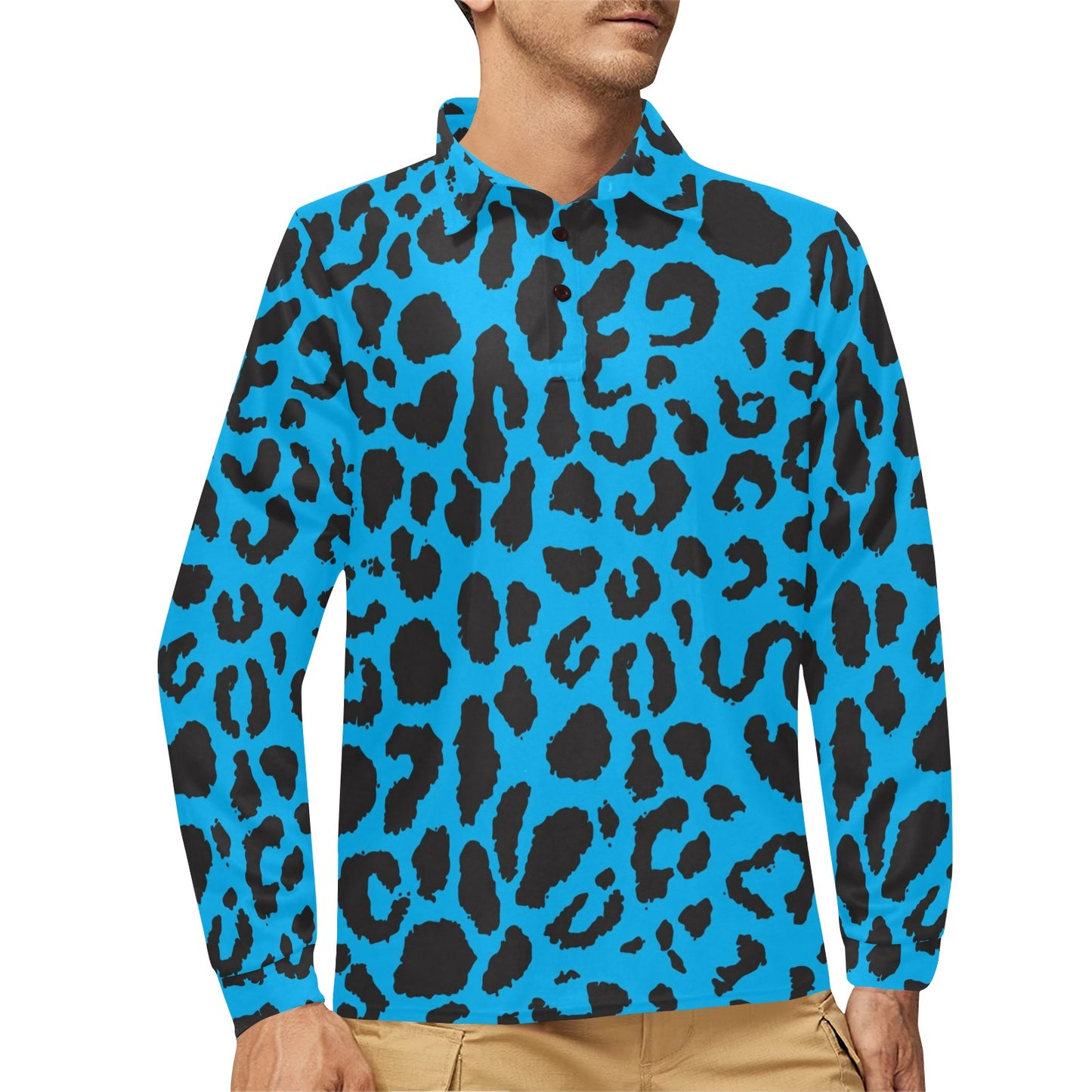 Cheetah Blue Print Pattern Long Sleeve Polo Shirt For Men's