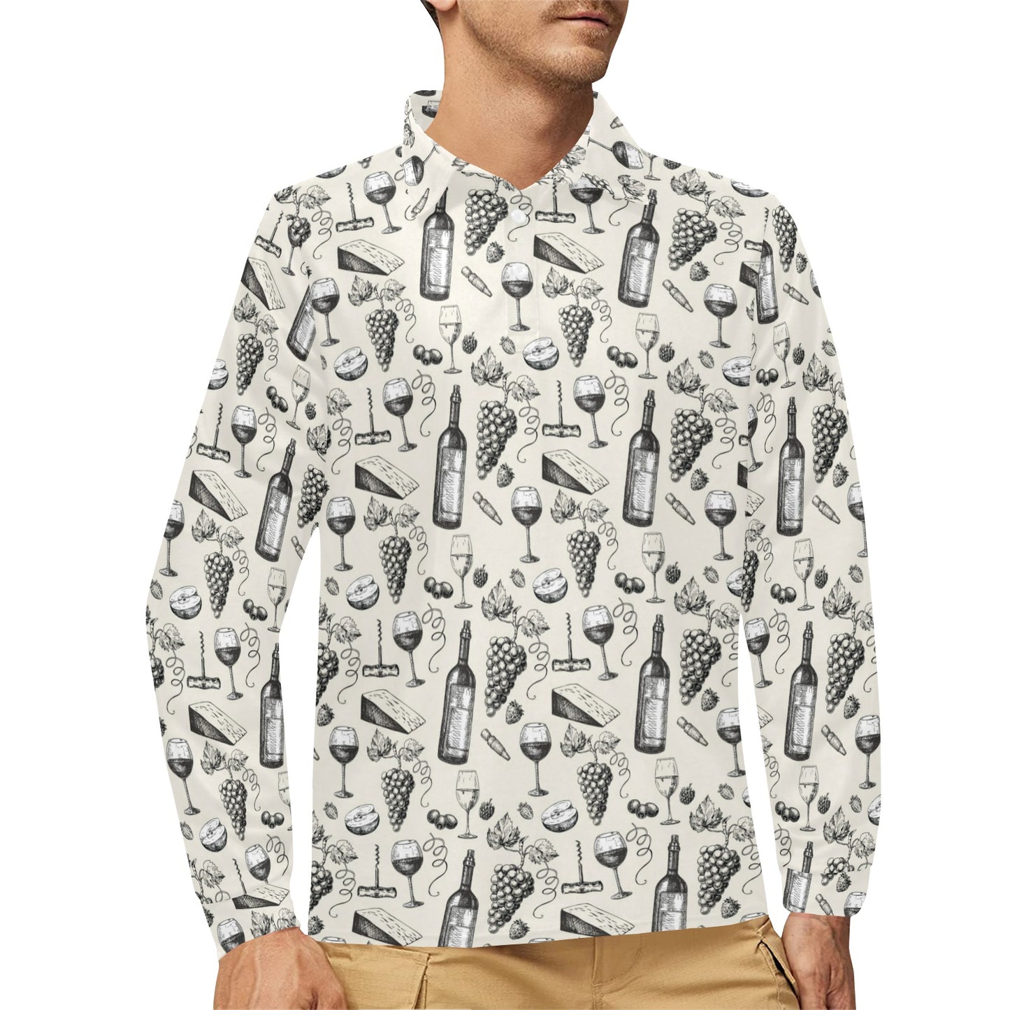 Wine Themed Print Design LKS306 Long Sleeve Polo Shirt For Men's