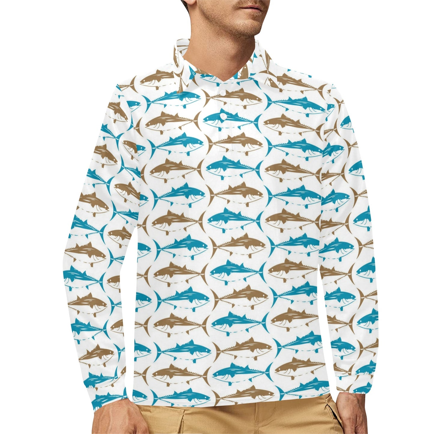 Tuna Fish Print Design LKS301 Long Sleeve Polo Shirt For Men's