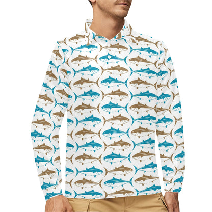 Tuna Fish Print Design LKS301 Long Sleeve Polo Shirt For Men's