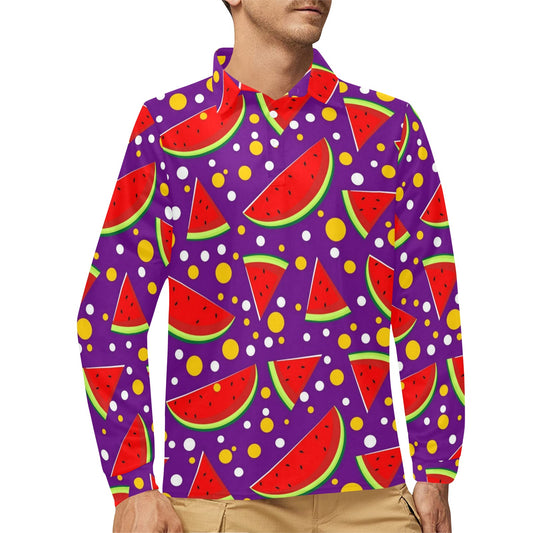 Watermelon Pattern Print Design WM010 Long Sleeve Polo Shirt For Men's