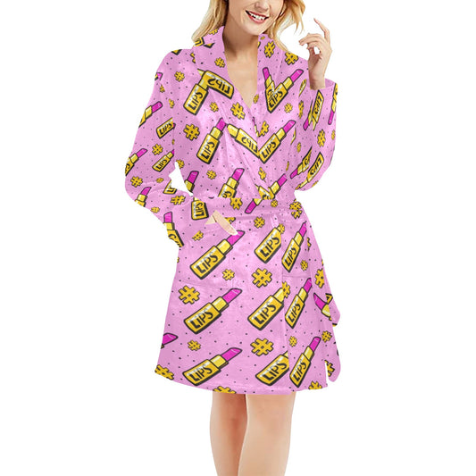 Lipstick Pattern Print Design LT03 Women's Fleece Robe