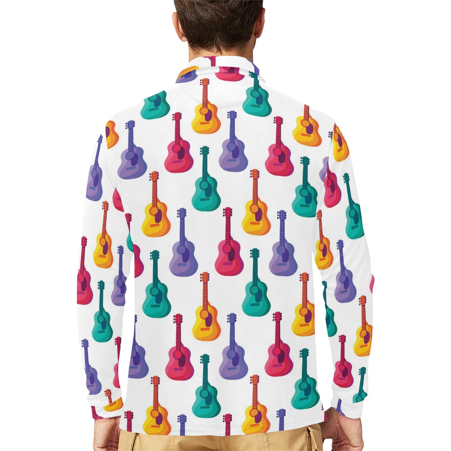 Acoustic Guitar Print Design LKS406 Long Sleeve Polo Shirt For Men's