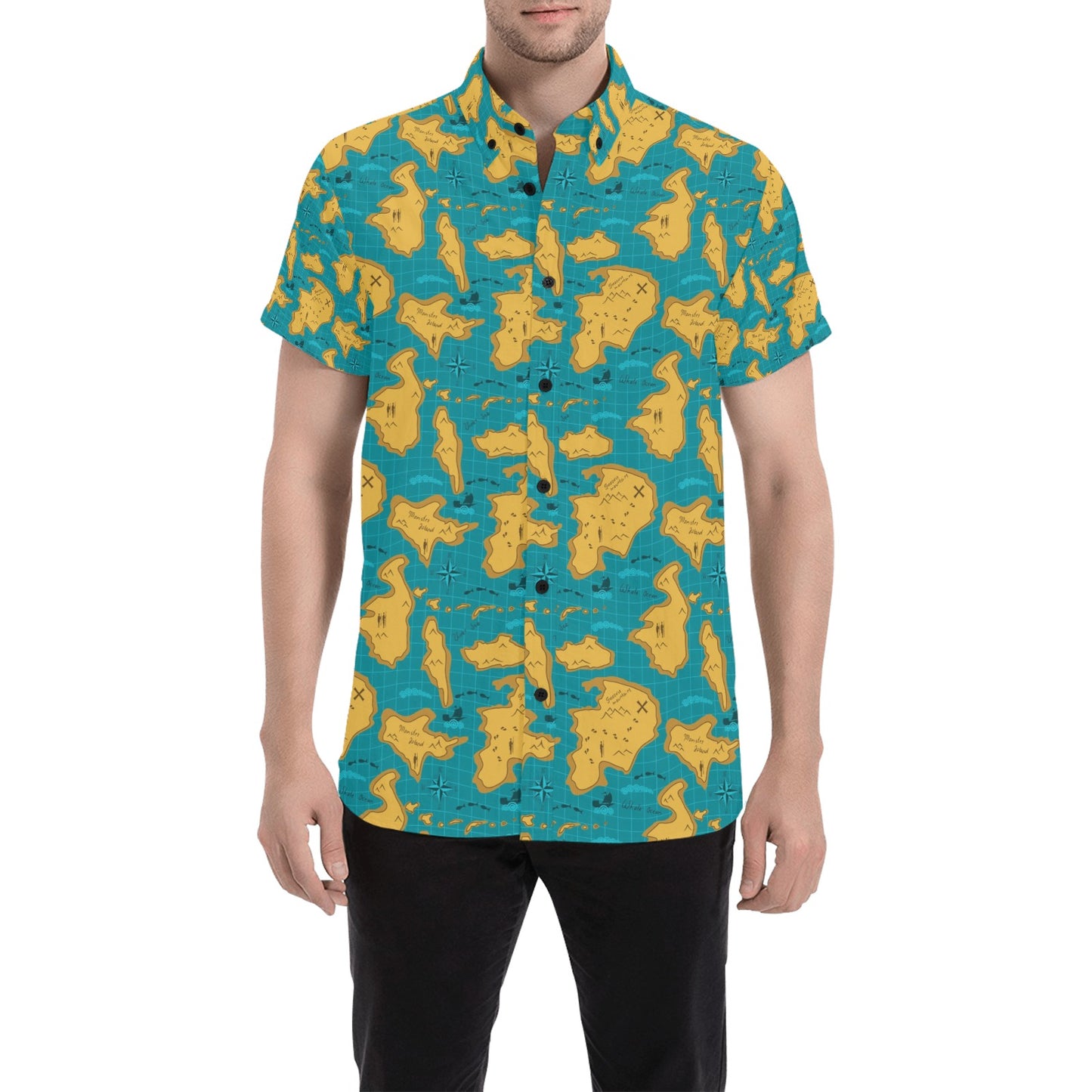 World Map Print Design LKS301 Men Short Sleeve Button Up Shirt