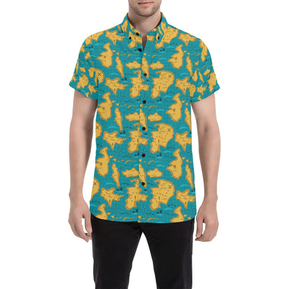 World Map Print Design LKS301 Men Short Sleeve Button Up Shirt