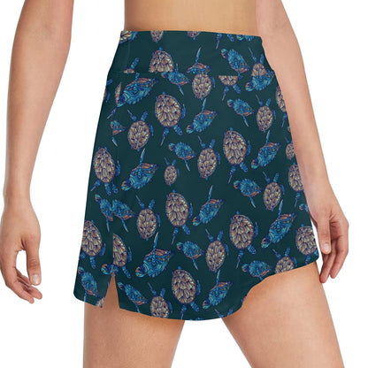 Sea Turtle Hand Drawn Blue Print 17" Golf & Pickleball Skort with Pockets