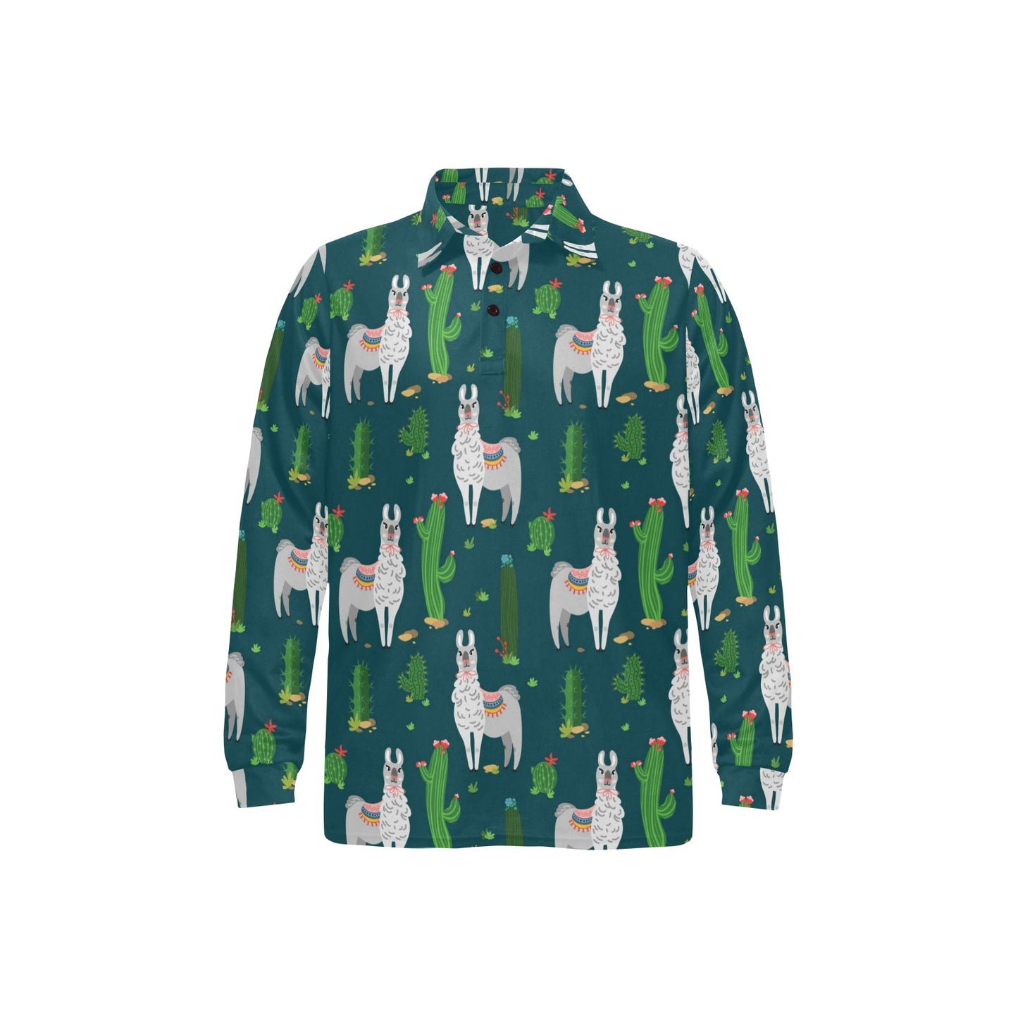 Llama Cactus Pattern Print Design 013 Long Sleeve Polo Shirt For Men's