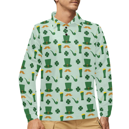St Patricks Day Print Design LKS304 Long Sleeve Polo Shirt For Men's
