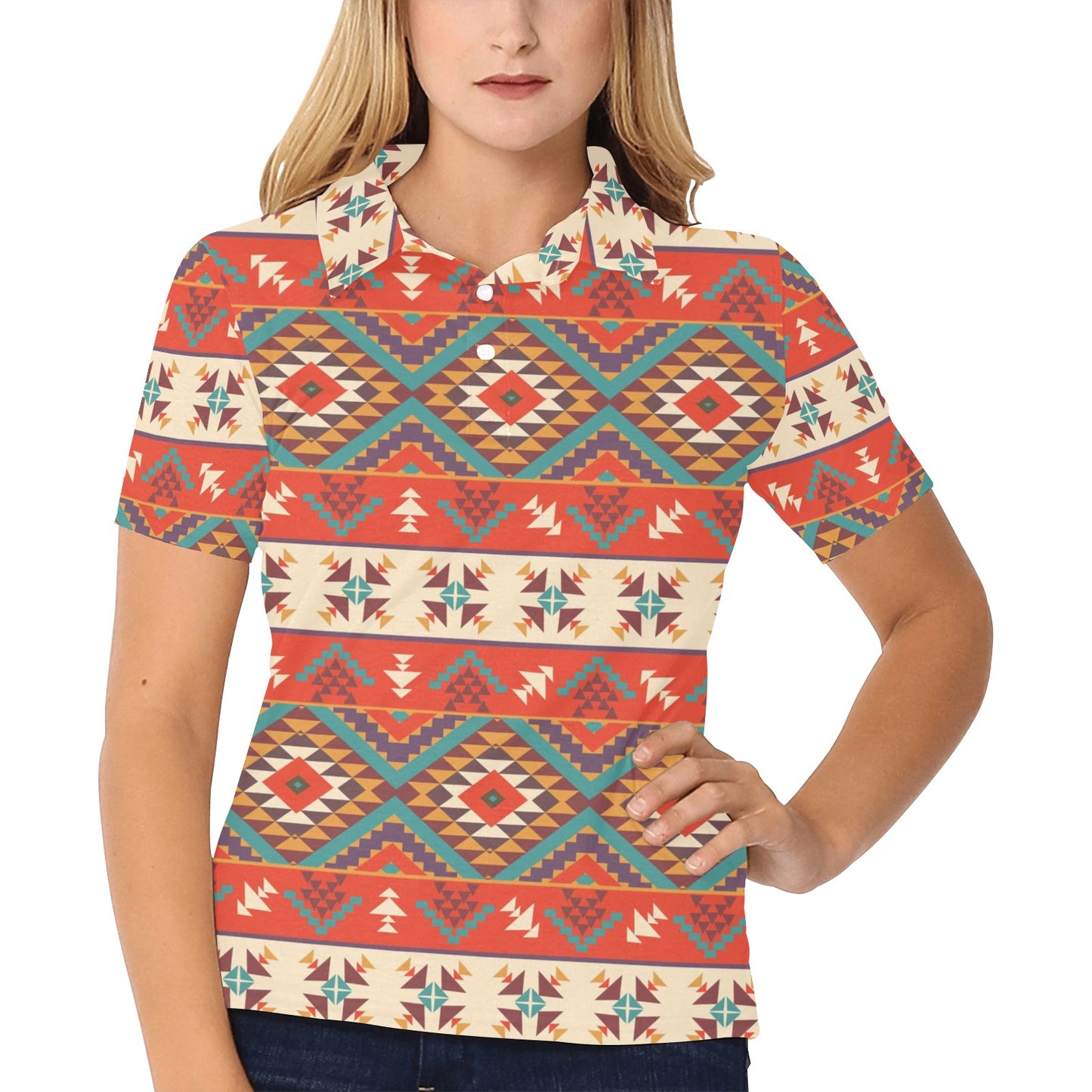 Aztec Red Print Pattern Women's Polo Shirt