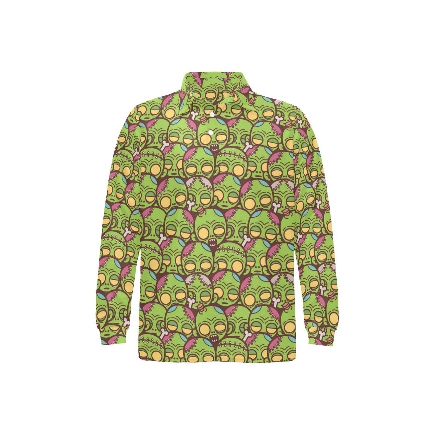 Zombie Head Design Pattern Print Long Sleeve Polo Shirt For Men's
