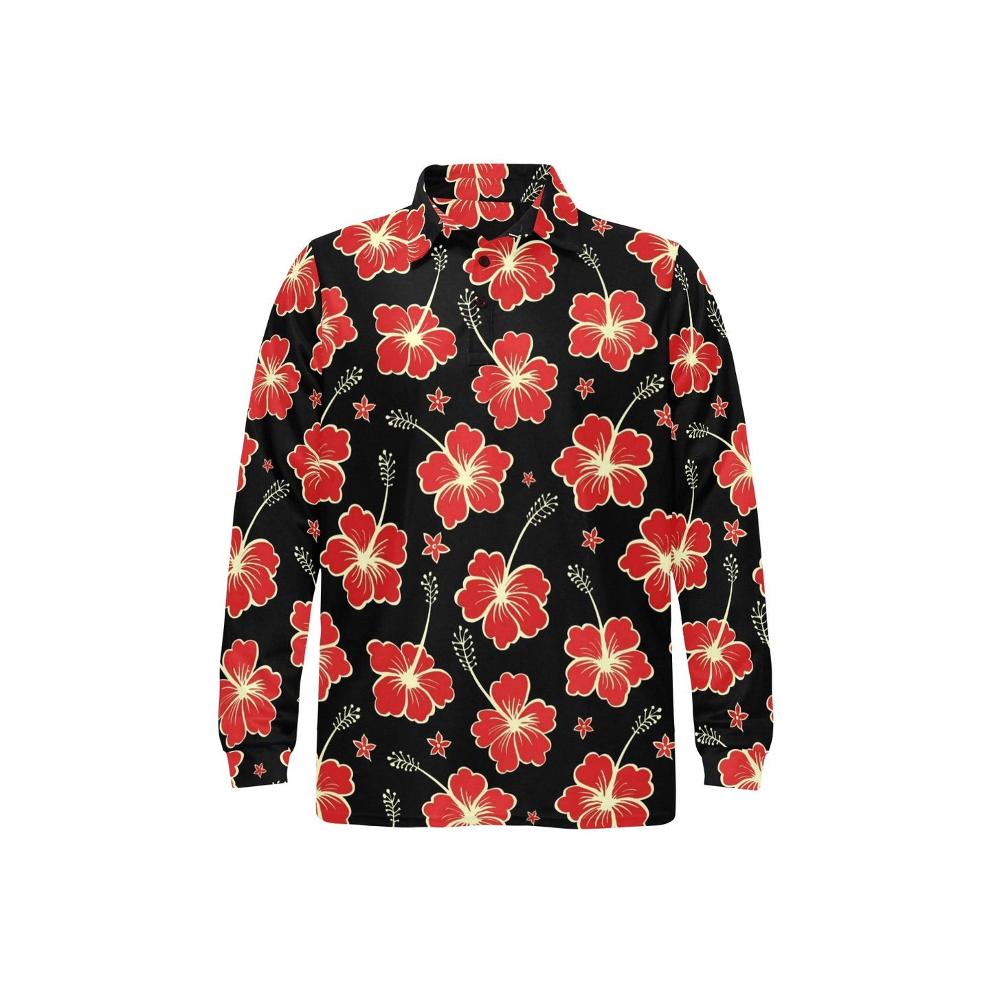 Red Hibiscus Pattern Print Design HB021 Long Sleeve Polo Shirt For Men's