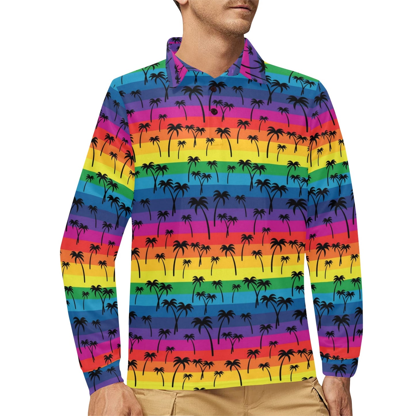 Palm Tree Rainbow Themed Print Long Sleeve Polo Shirt For Men's