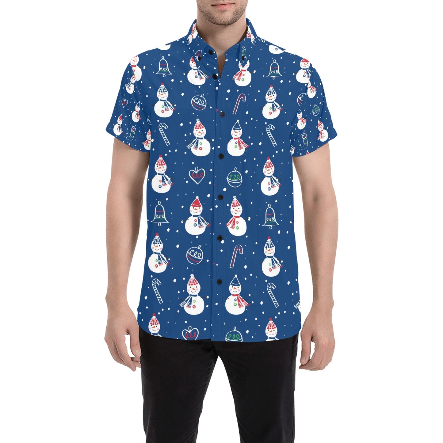 Snowman Print Design LKS306 Men Short Sleeve Button Up Shirt