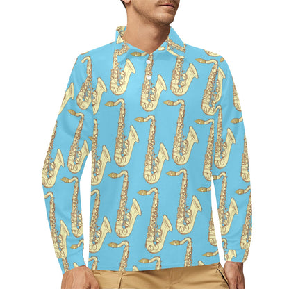 Saxophone Pattern Print Design 03 Long Sleeve Polo Shirt For Men's