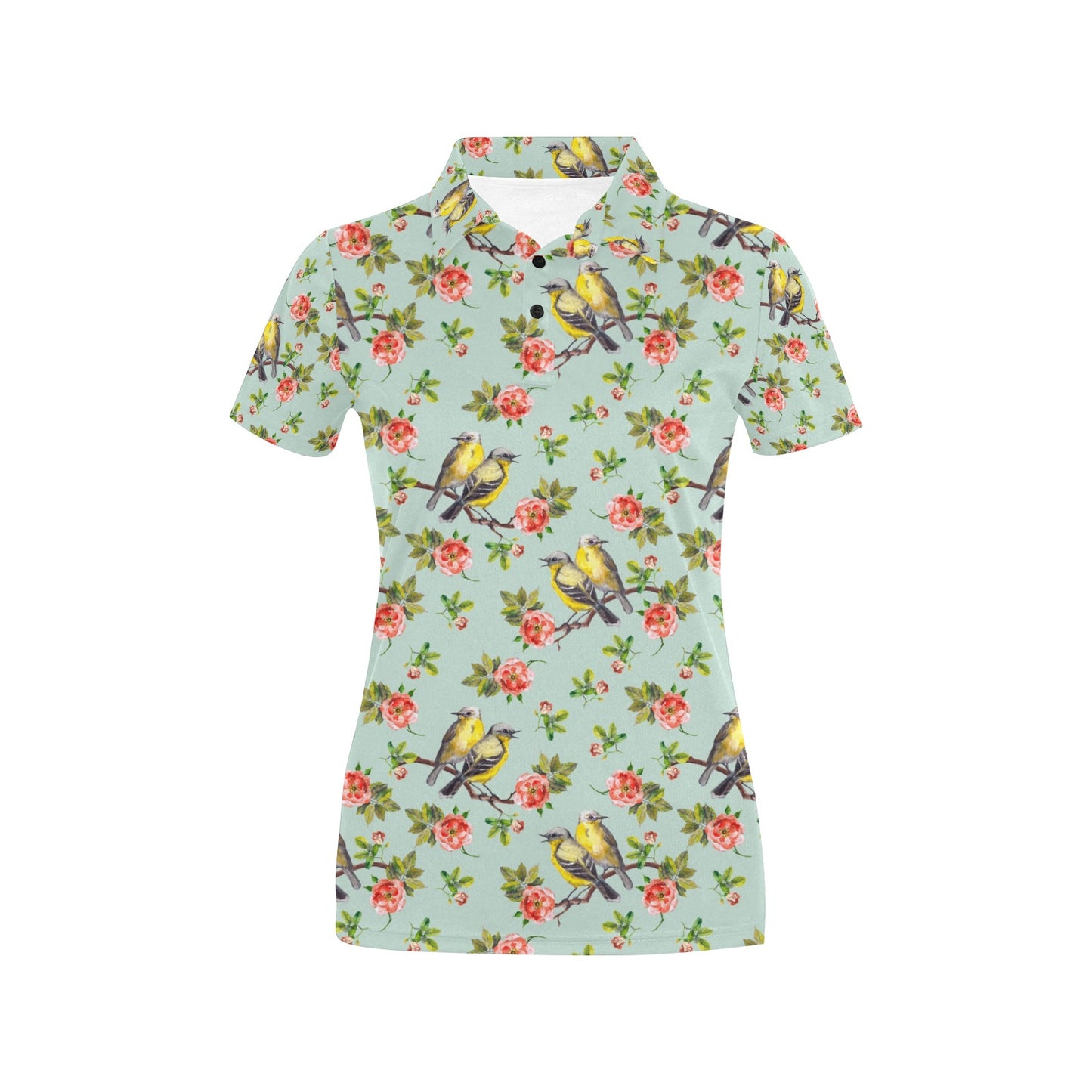 Bird with Red Flower Print Pattern Women's Polo Shirt