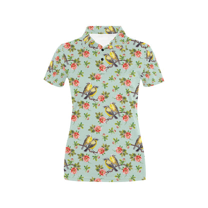 Bird with Red Flower Print Pattern Women's Polo Shirt