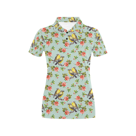 Bird with Red Flower Print Pattern Women's Polo Shirt