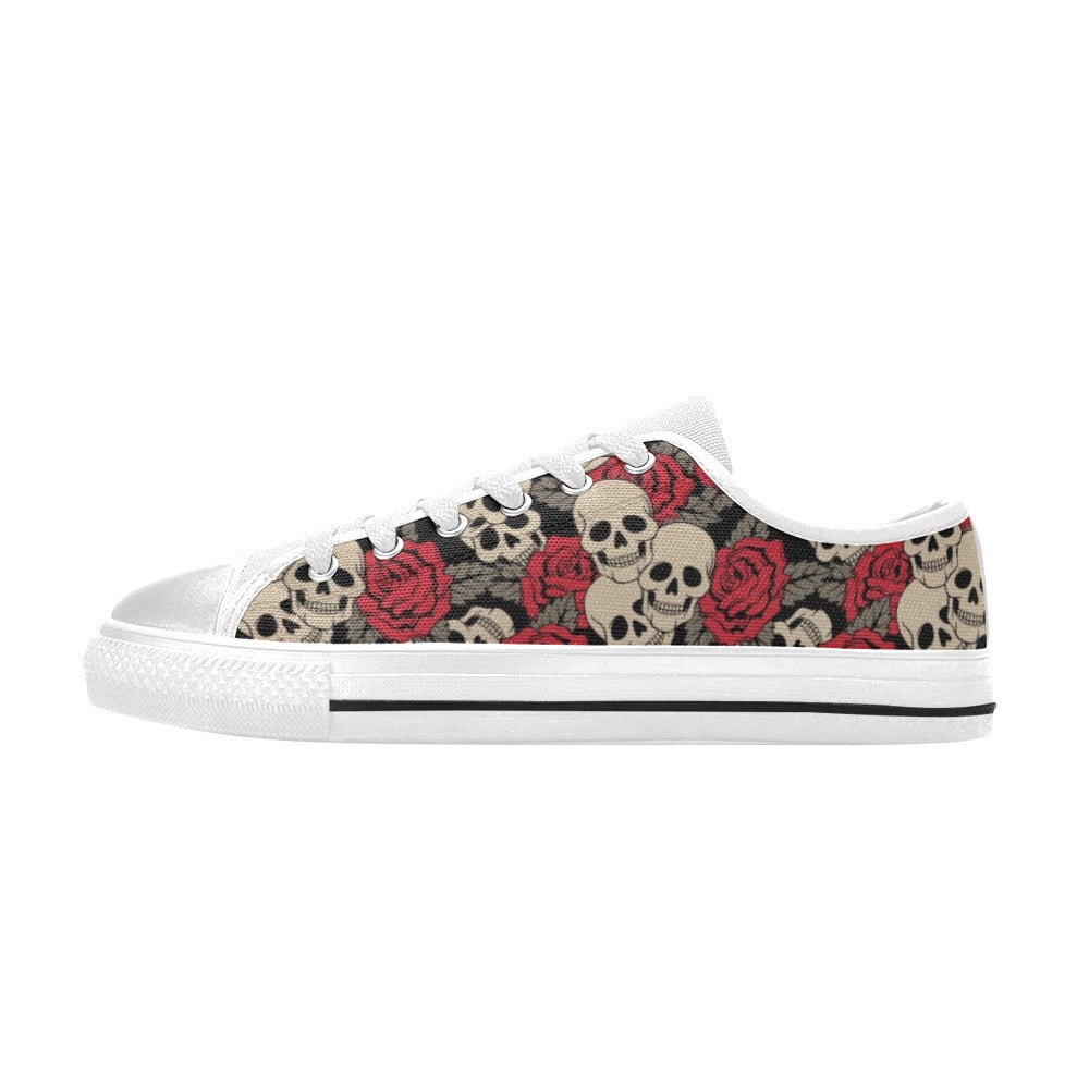 Skull And Roses Print Design LKS301 Women's White Low Top Shoes