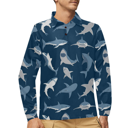 Shark Action Pattern Long Sleeve Polo Shirt For Men's