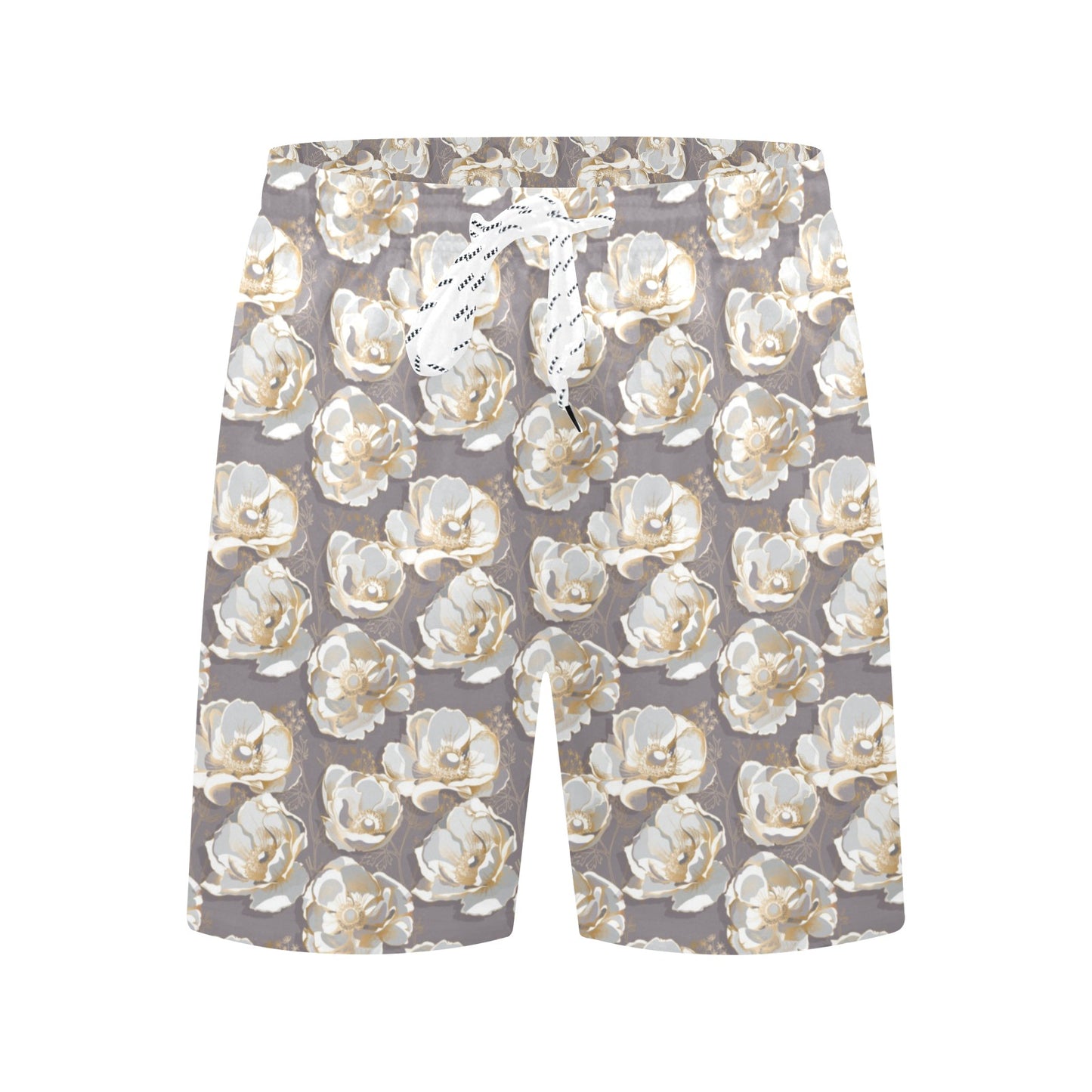 Elegant Grey Flower Print Men's Swim Trunks Beach Shorts