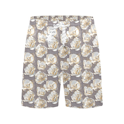 Elegant Grey Flower Print Men's Swim Trunks Beach Shorts