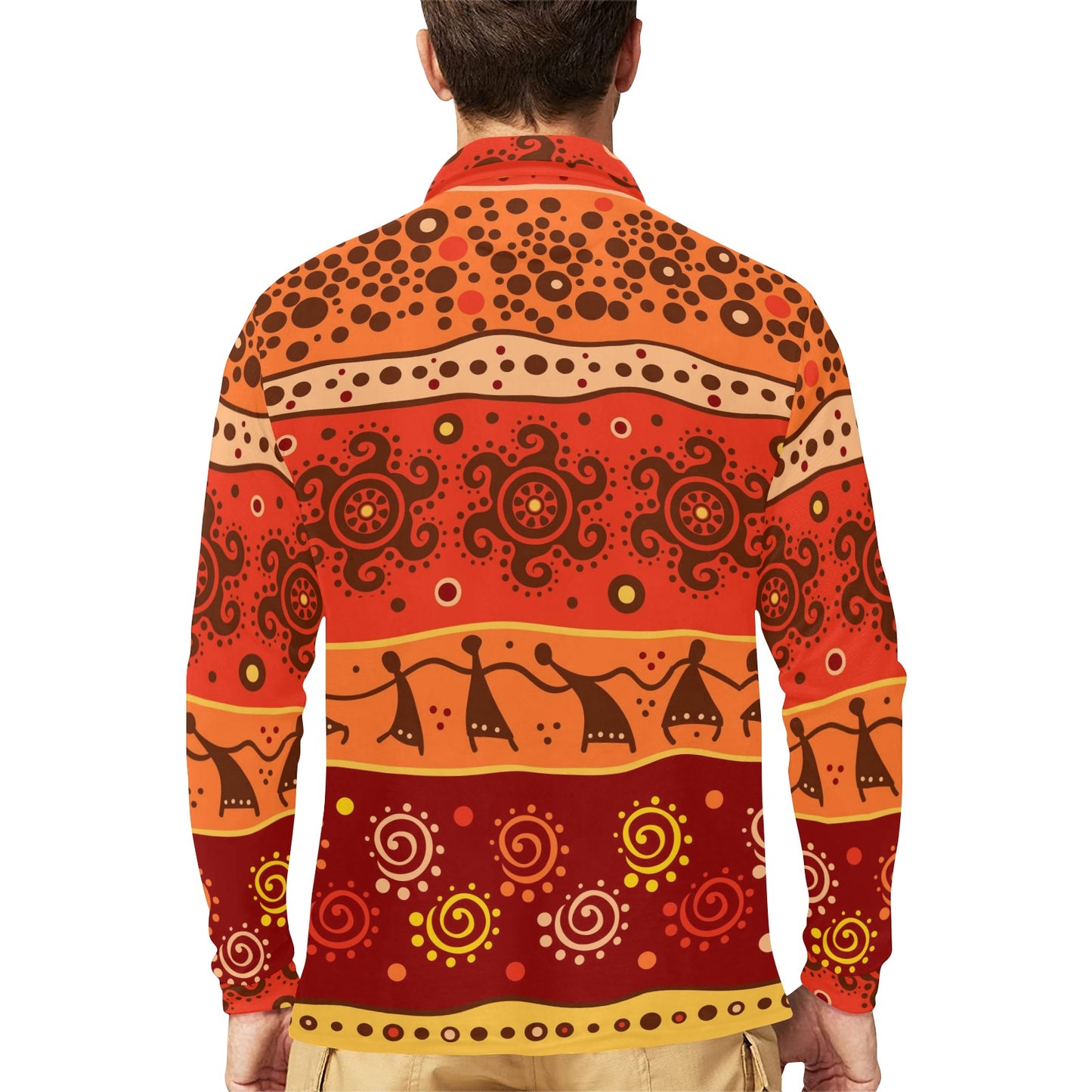African Pattern Print Design 04 Long Sleeve Polo Shirt For Men's