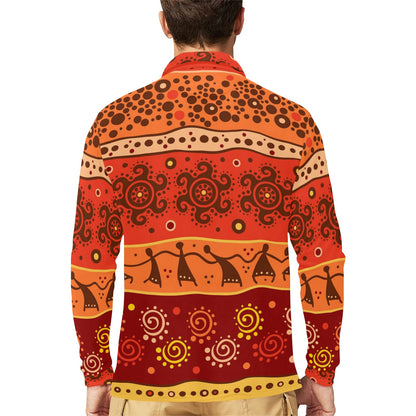 African Pattern Print Design 04 Long Sleeve Polo Shirt For Men's