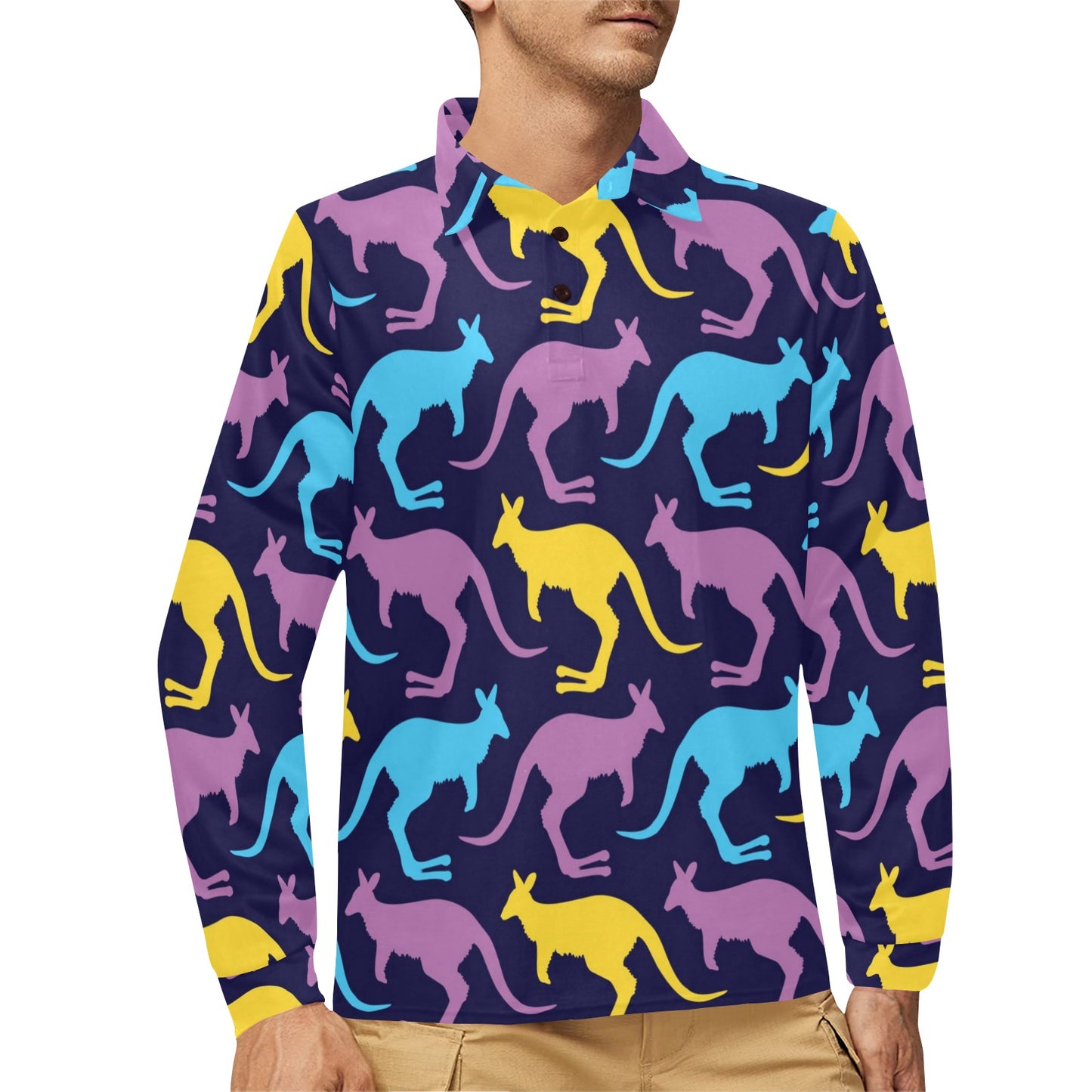 Kangaroos Pattern Print Design 02 Long Sleeve Polo Shirt For Men's