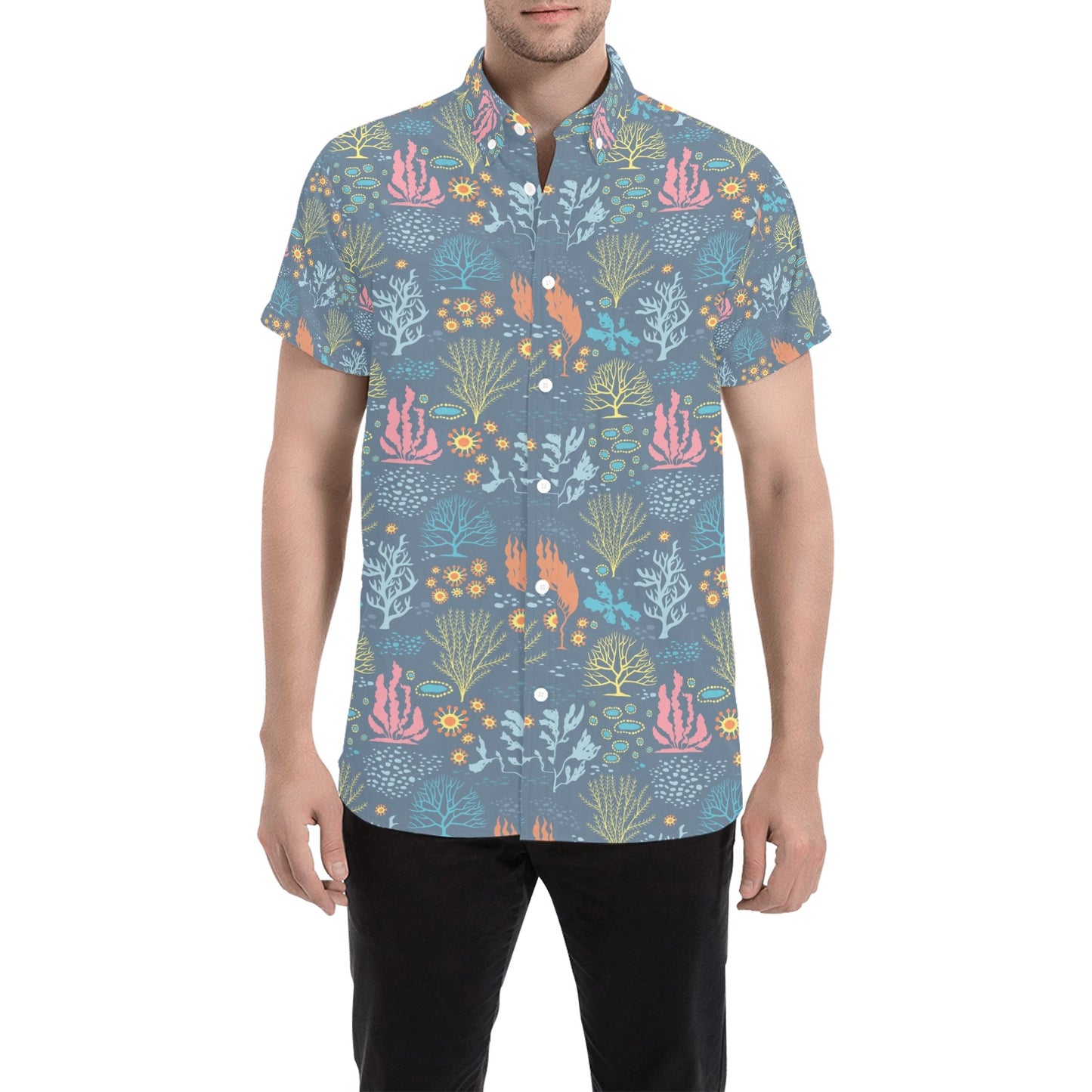 Seaweed Print Design LKS304 Men Short Sleeve Button Up Shirt