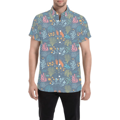 Seaweed Print Design LKS304 Men Short Sleeve Button Up Shirt