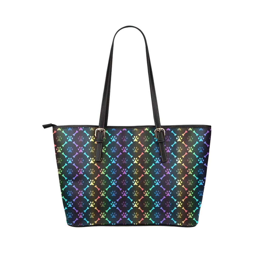 Paw Rainbow Print Leather Tote Bag