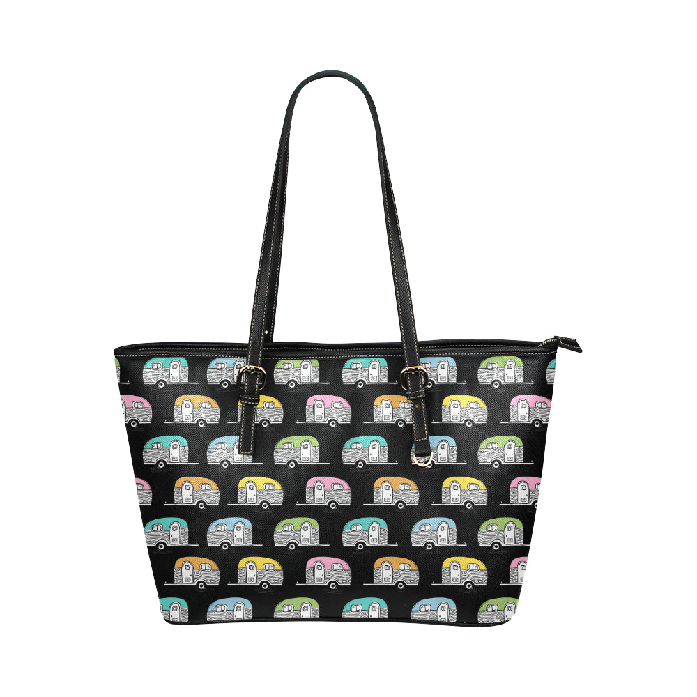 Camper Pattern Camping Themed No 2 Print Leather Tote Bag
