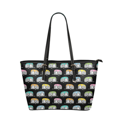 Camper Pattern Camping Themed No 2 Print Leather Tote Bag