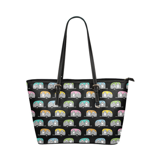 Camper Pattern Camping Themed No 2 Print Leather Tote Bag