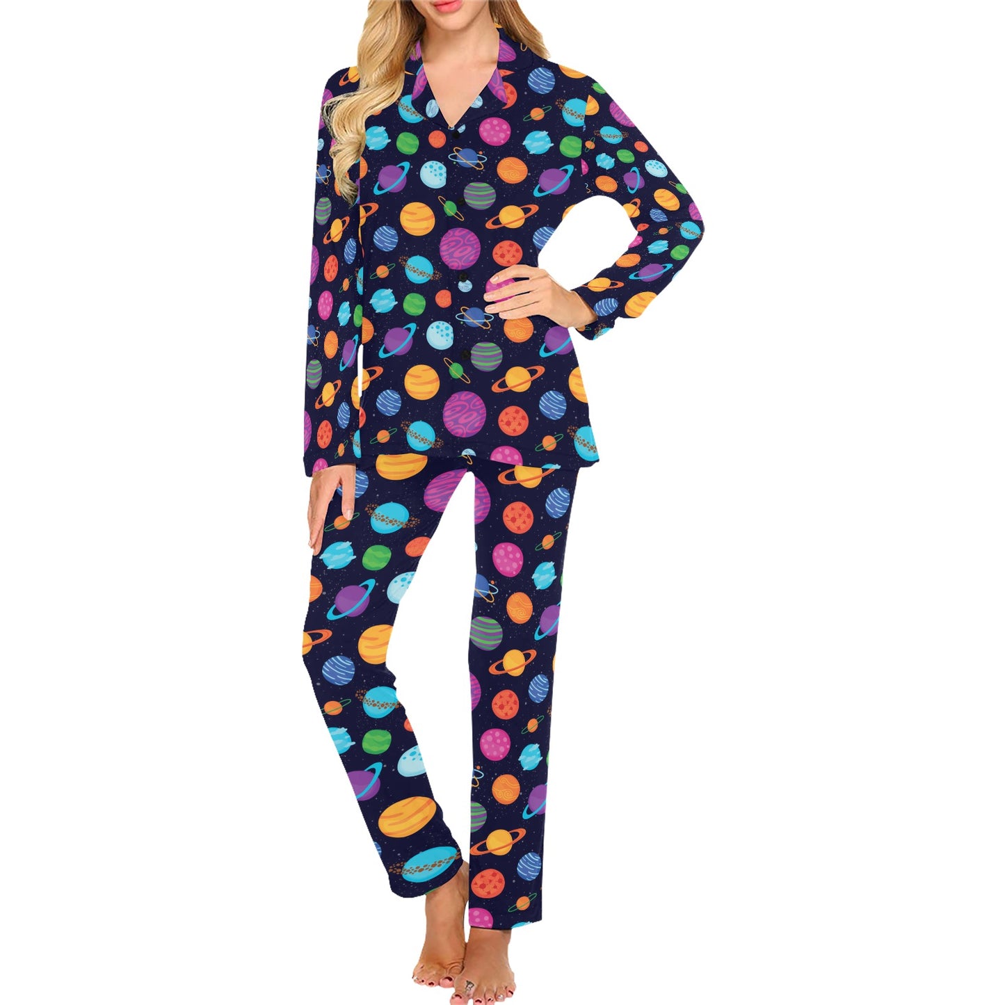 Planet Multicolor Print Design LKS302 Women's Long Pajama Set