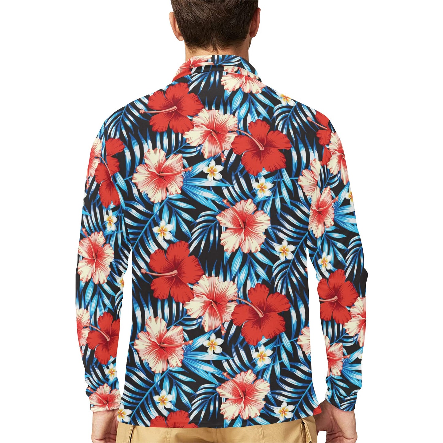 Red Hibiscus Blue Scene Long Sleeve Polo Shirt For Men's